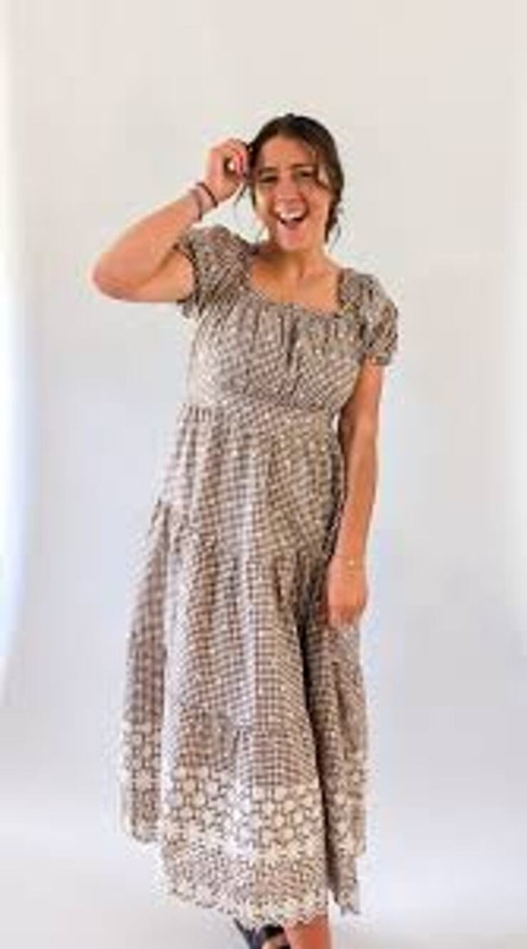 Camellia Devin Gingham Midi Dress, Brown, Embroidered, Puff Sleeves, Sz L